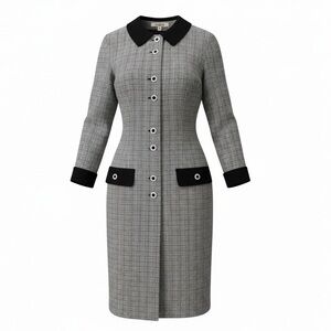 Vintage Tweed Shift Dress Mod 60s Officecore Black White Plaid Contrast Collar 4